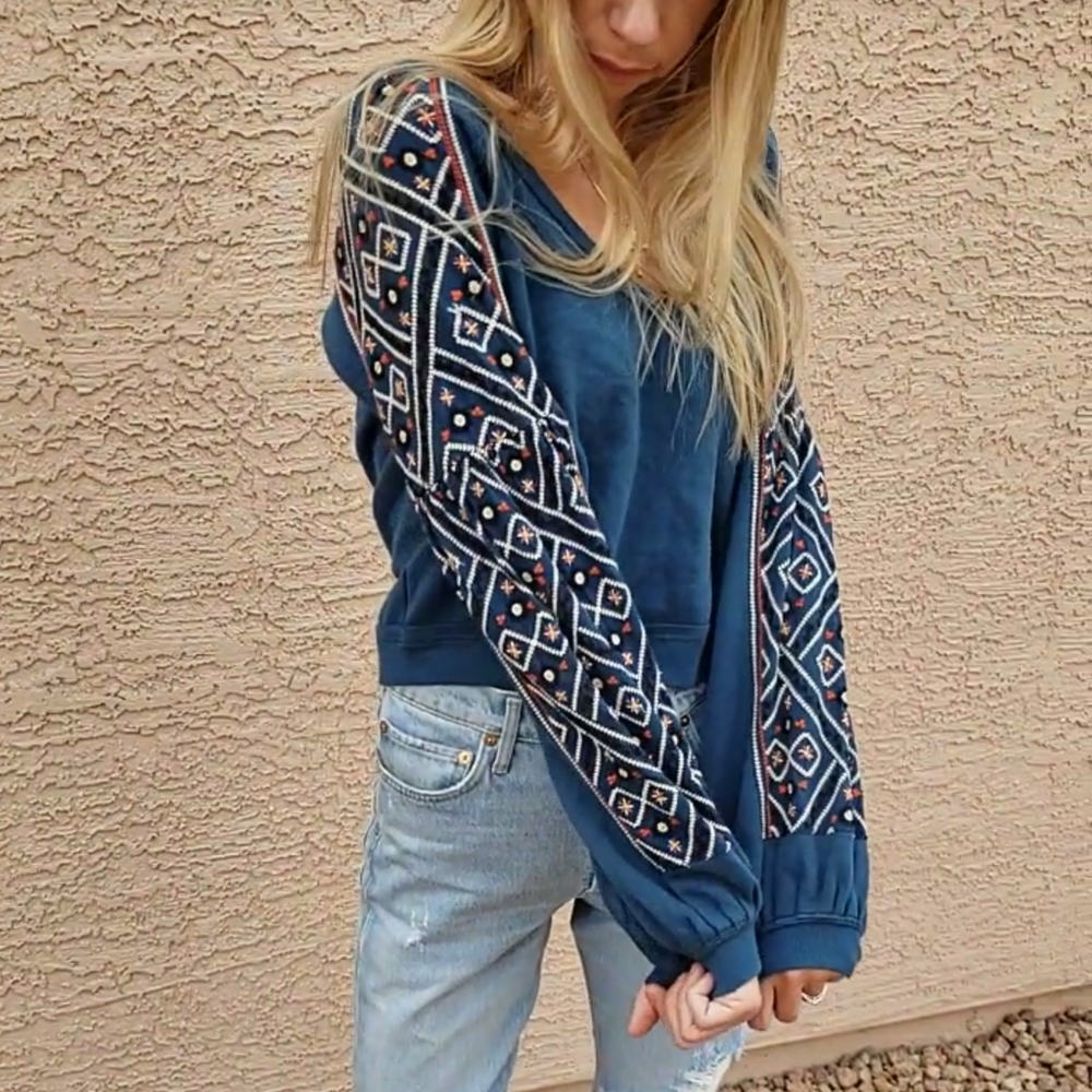 NWT Free People Vneck Embroidered Sleeve Sweater